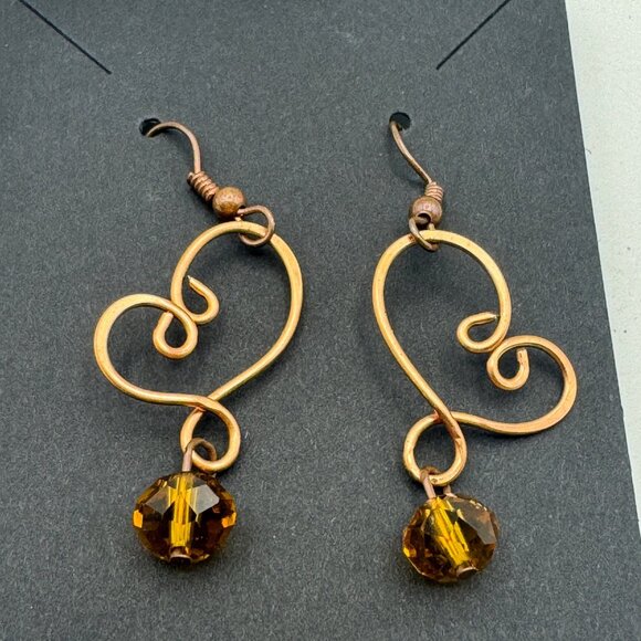Handcrafted Copper Heart Earrings With Amber Glass Beads - Picture 2 of 2